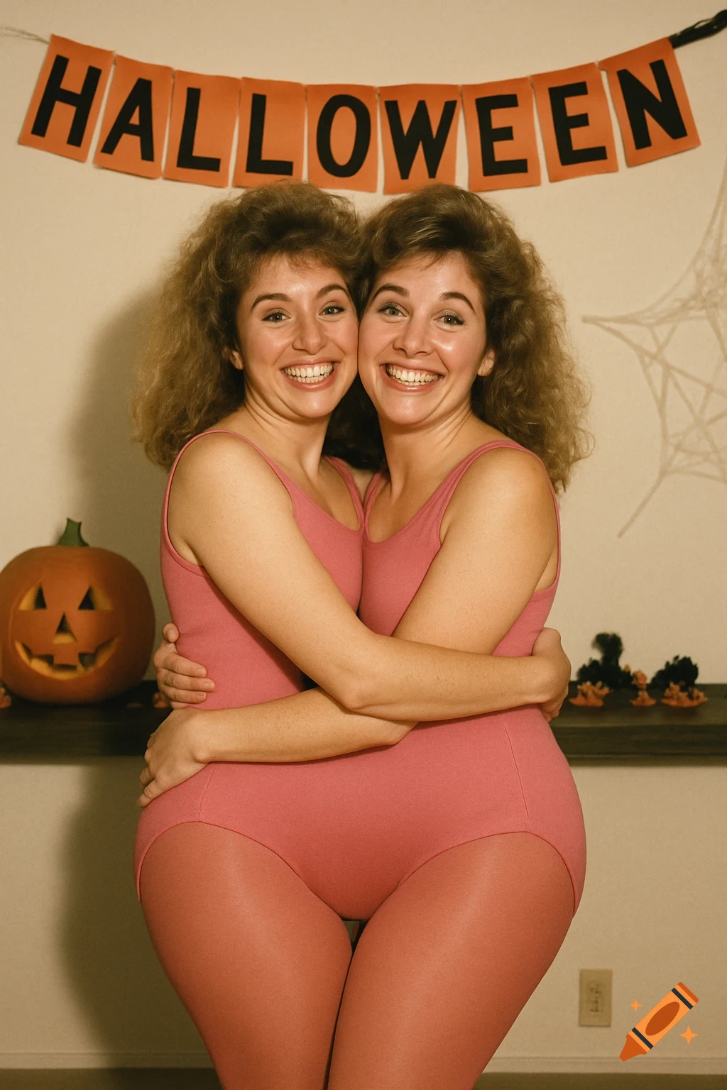 Two smiling women in pink leotards and tights embrace, appearing to merge into one body under a HALLOWEEN banner.