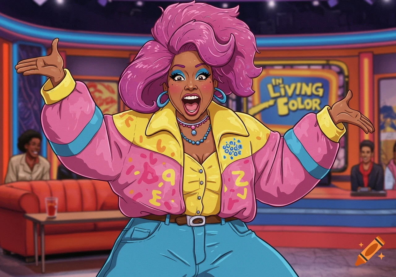 A cartoon of a drag queen with pink hair and a vibrant 90s outfit, celebrating on a TV show set for 'In Living Color'.