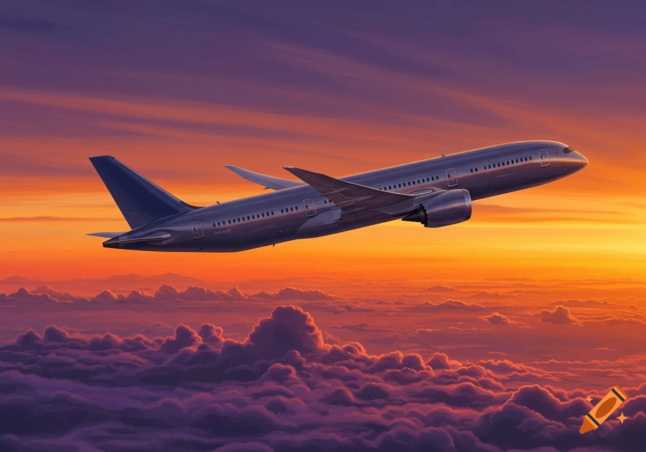 Photorealistic image of a gray commercial jet flying horizontally through a vibrant orange and purple sunset sky with clouds below.