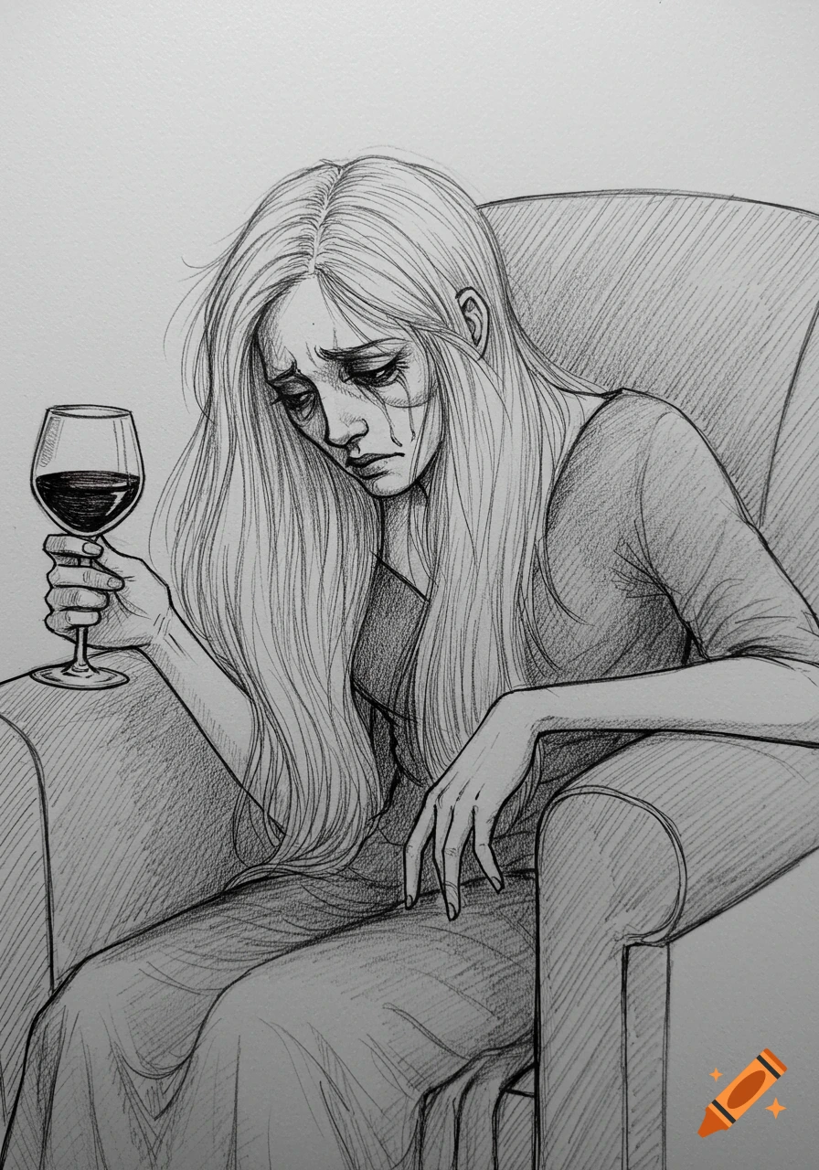 Pencil drawing of a sad woman with long blonde hair holding a glass of red wine while sitting in a chair.