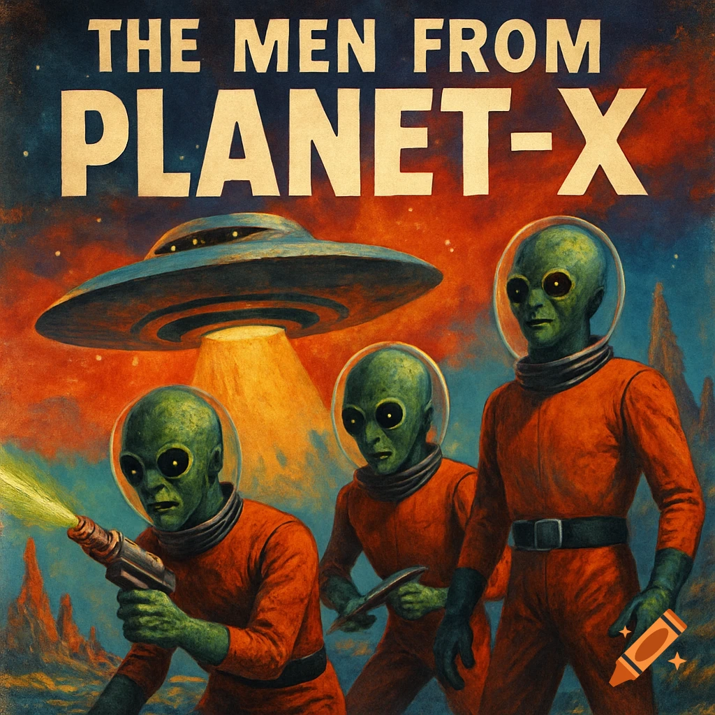 Retro 60s sci-fi art for 'The Men From Planet-X' showing three green aliens, one with a ray gun, on an alien planet with a UFO.