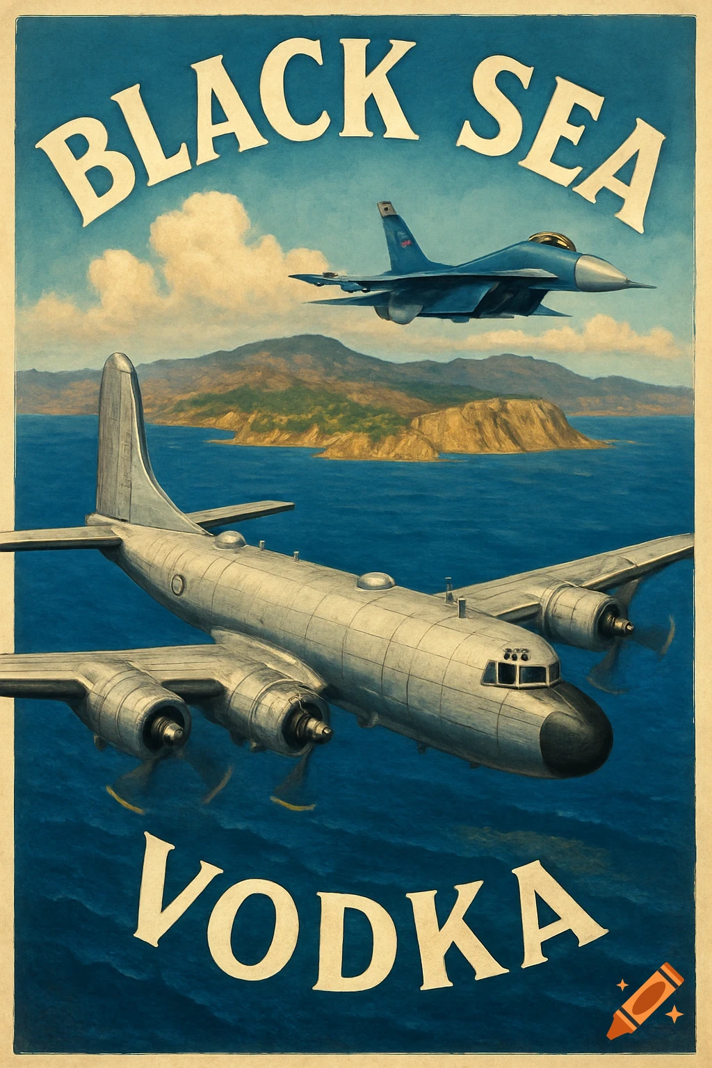 Vintage-style poster with a large propeller plane and jet fighter over the sea, text 'BLACK SEA VODKA'.