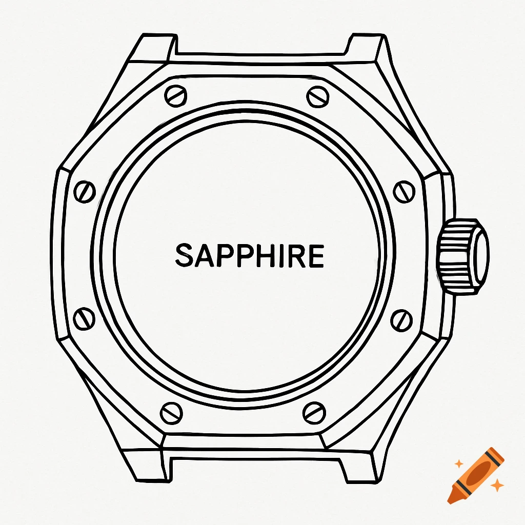 Line drawing of an octagonal watch case with the word SAPPHIRE on its face.