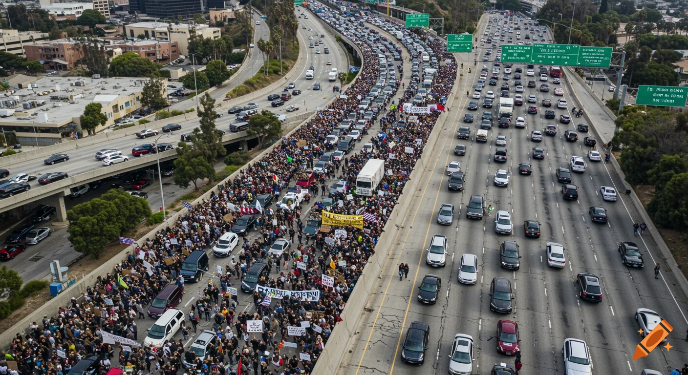 An aerial view of a large protest filling several lanes of a multi-lane highway, with cars stuck in traffic on adjacent lanes.