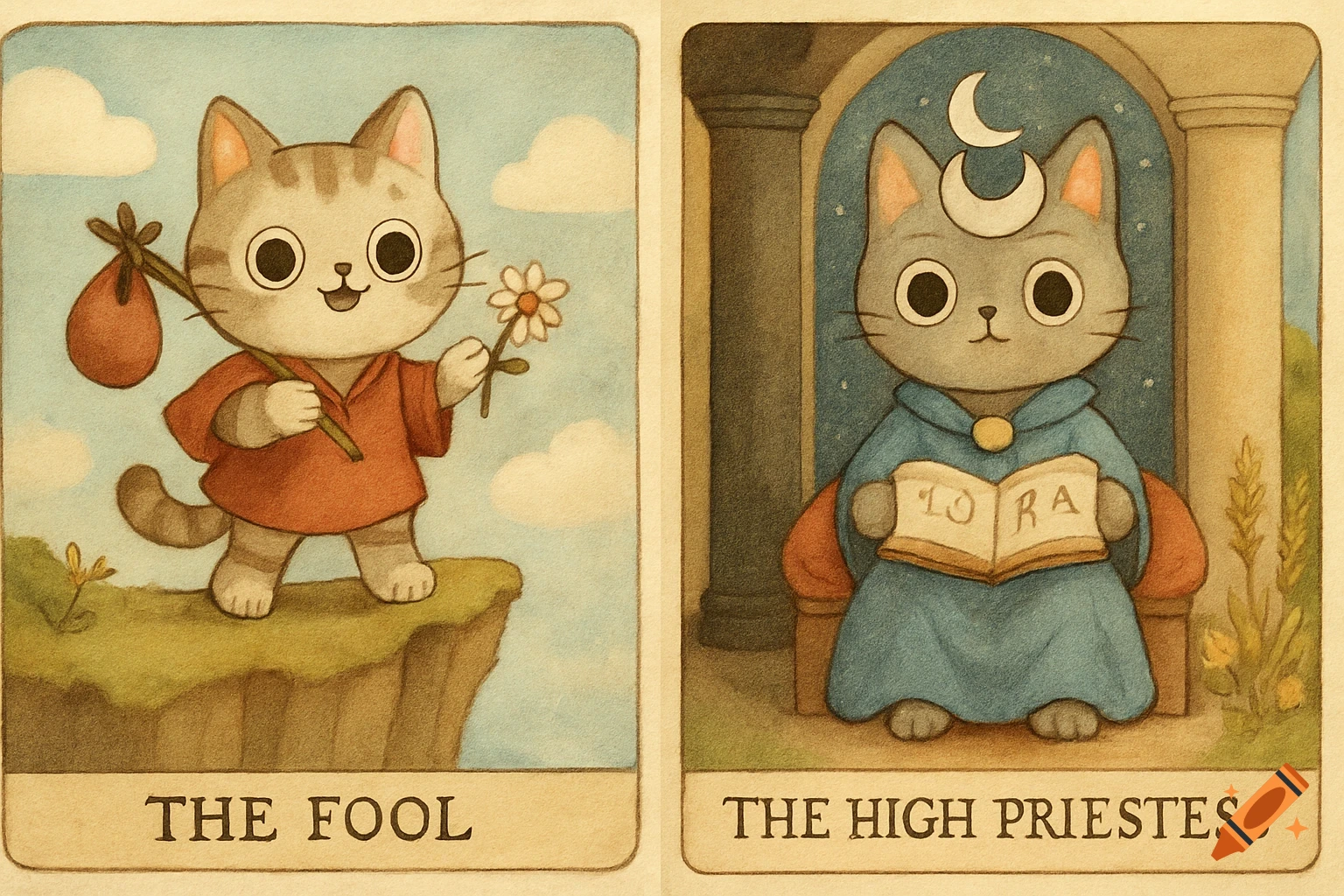 Two cartoon tarot cards: The Fool, a cat holding a stick and flower, and The High Priestess, a cat reading a book.