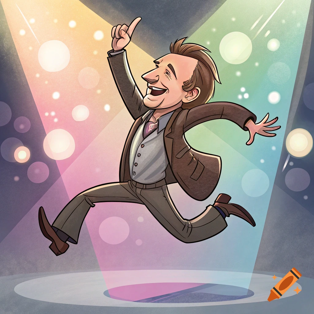A happy cartoon man resembling Liam Neeson dancing and pointing upwards under colorful spotlights.