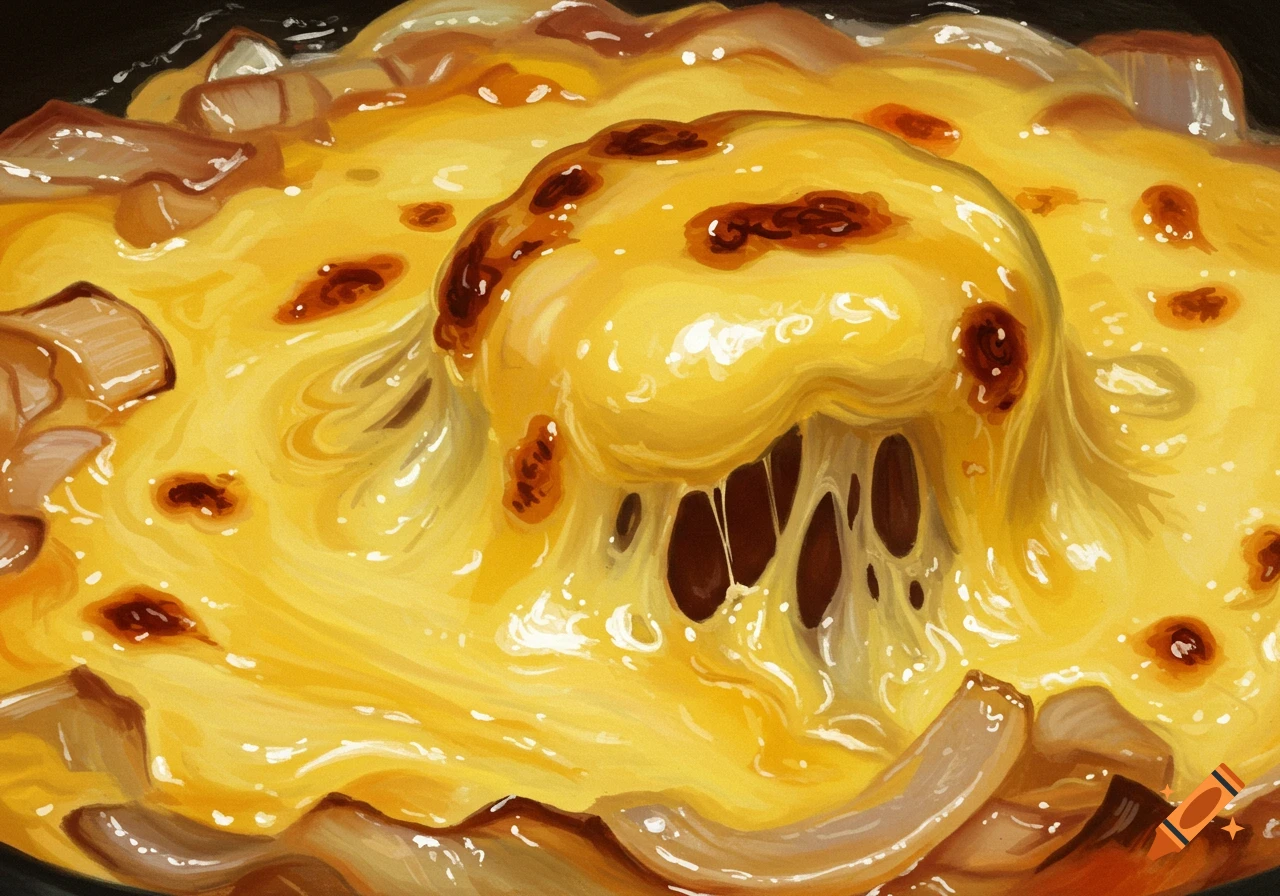 Close-up of gooey melted cheese and caramelized onions in a dish, illustrated in a vibrant, glossy style.