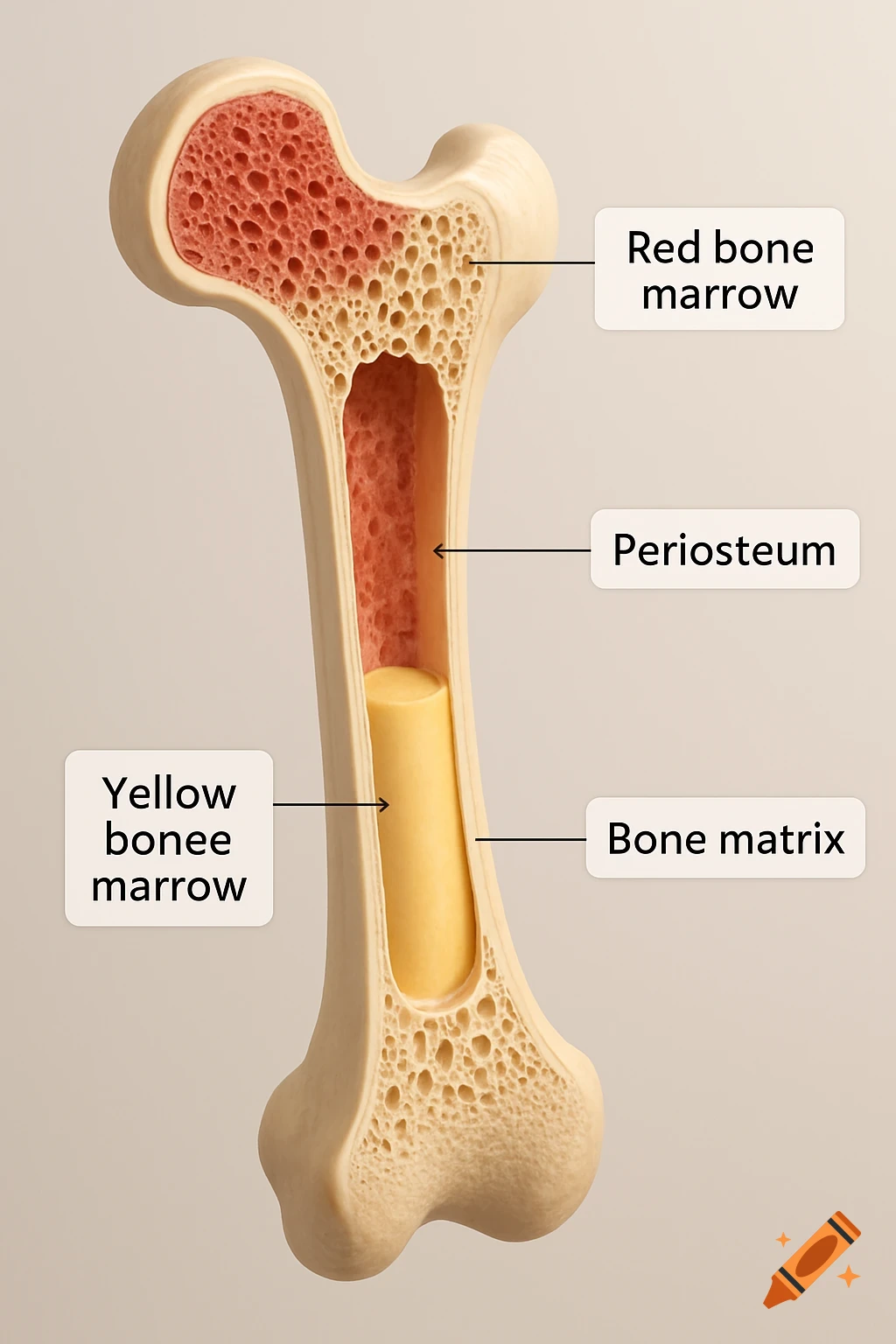 A 3D diagram of a human femoral bone cross-section, showing red and yellow bone marrow, periosteum, and bone matrix.