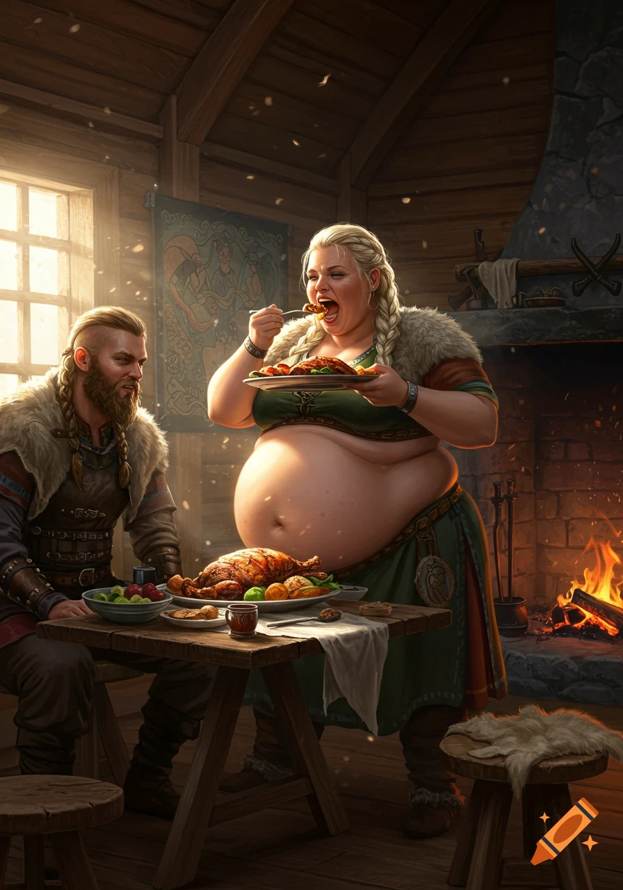 A very fat Viking woman eagerly eats a meal with a man at a rustic table by a fireplace in a detailed, photorealistic style.