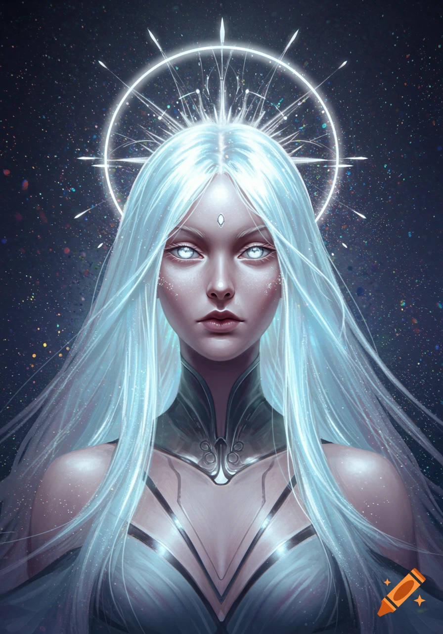 Close-up portrait of an ethereal woman with glowing white hair ...