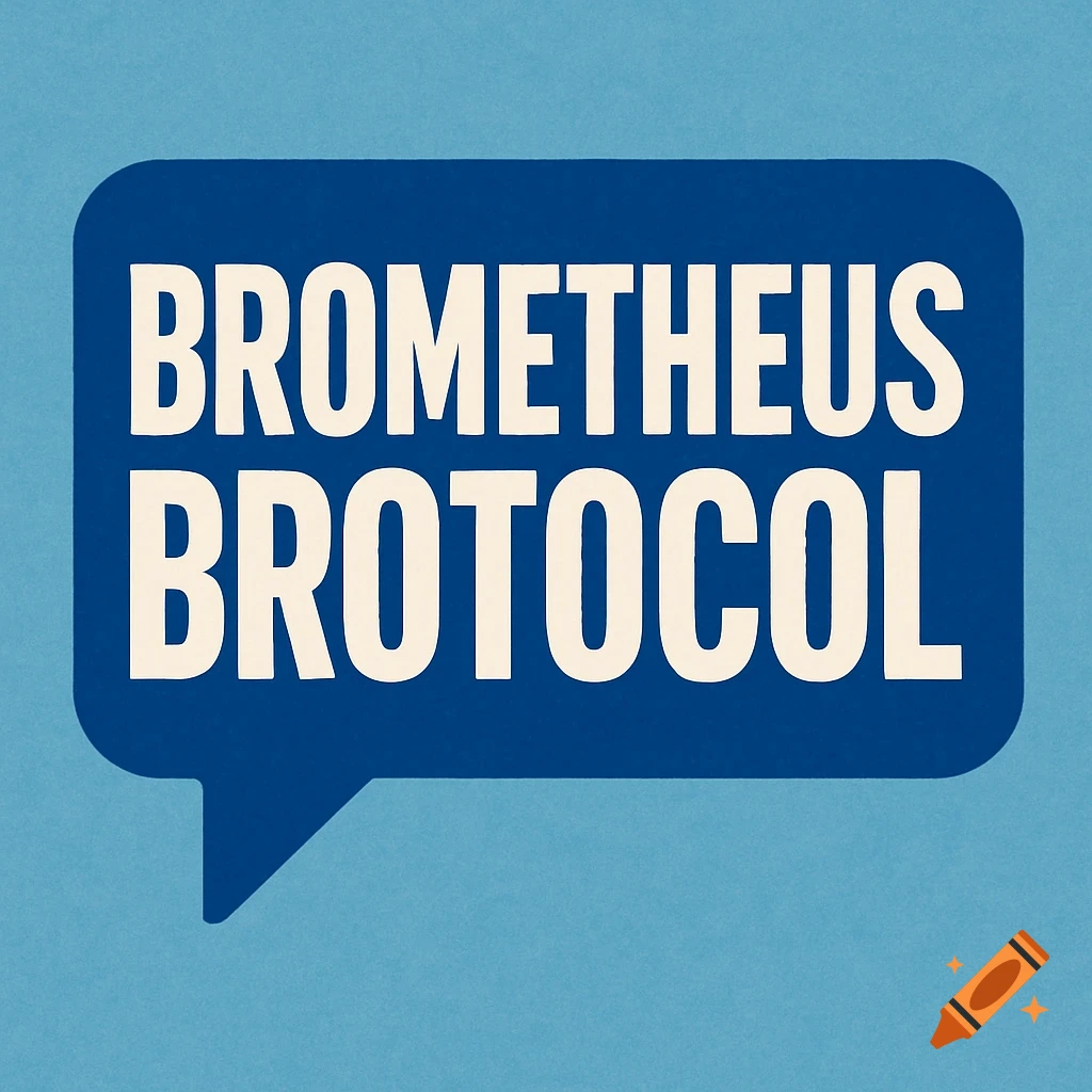 Bold white text 'BROMETHEUS BROTOCOL' in a blue speech bubble on a light blue textured background.
