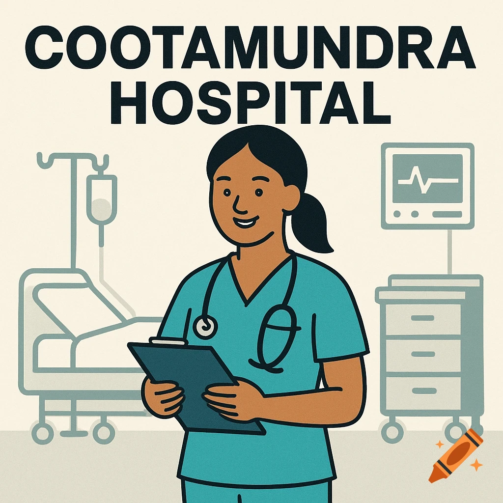 A cheerful cartoon nurse in teal scrubs holds a clipboard in a hospital ward. Text reads 'COOTAMUNDRA HOSPITAL'.