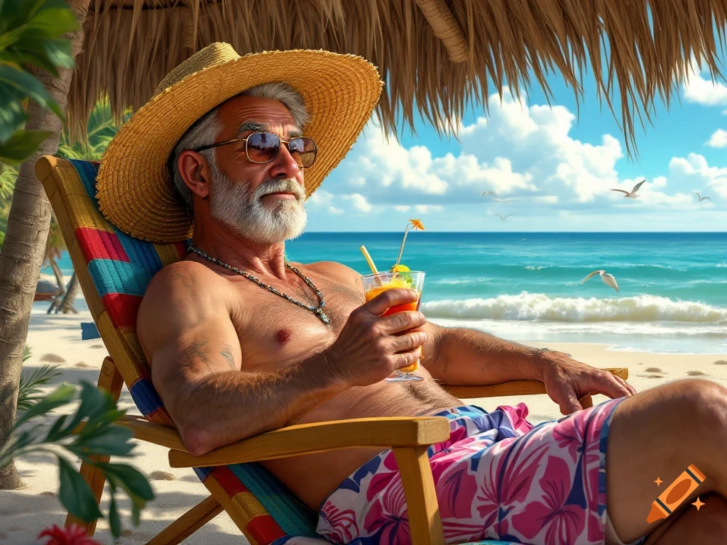 Grey-bearded man in straw hat and sunglasses relaxes on a beach chair, sipping a drink under a palm tree on a sunny tropical beach.