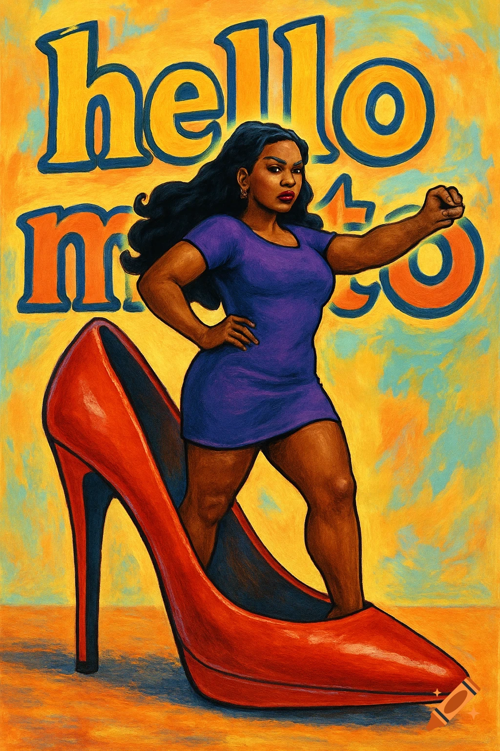 A stylized illustration of a young Black woman in a purple dress standing inside a huge red stiletto, with 'hello motto' in the background.