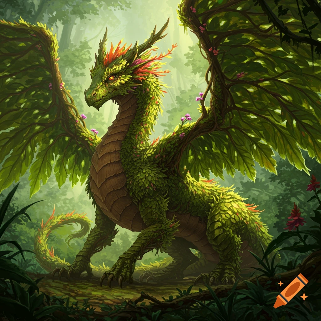 A majestic dragon, its body covered in green leaves and flowers, stands in a lush, sunlit fantasy forest.