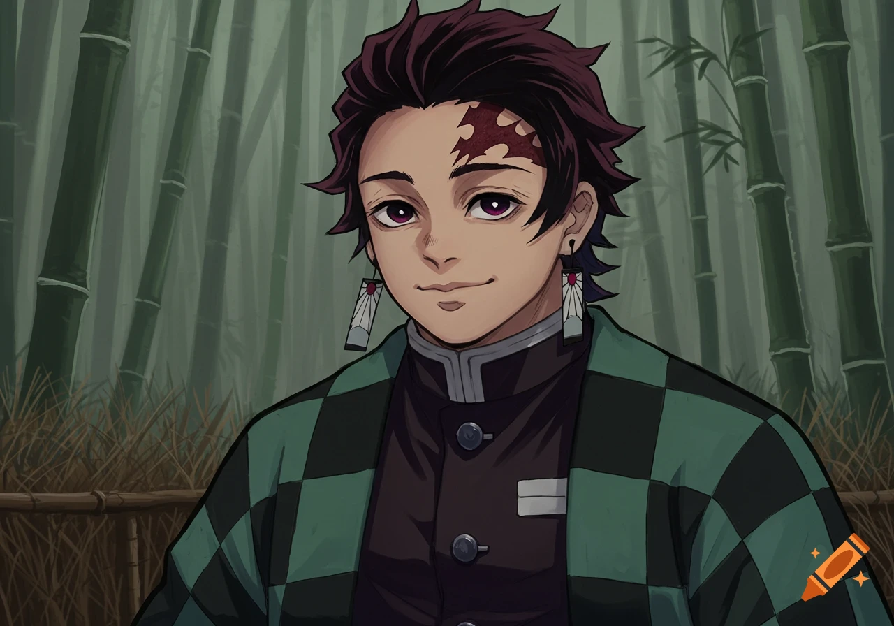 Close-up anime portrait of Tanjiro Kamado with a scar on his forehead, wearing a green and black checkered haori, against a bamboo forest background.