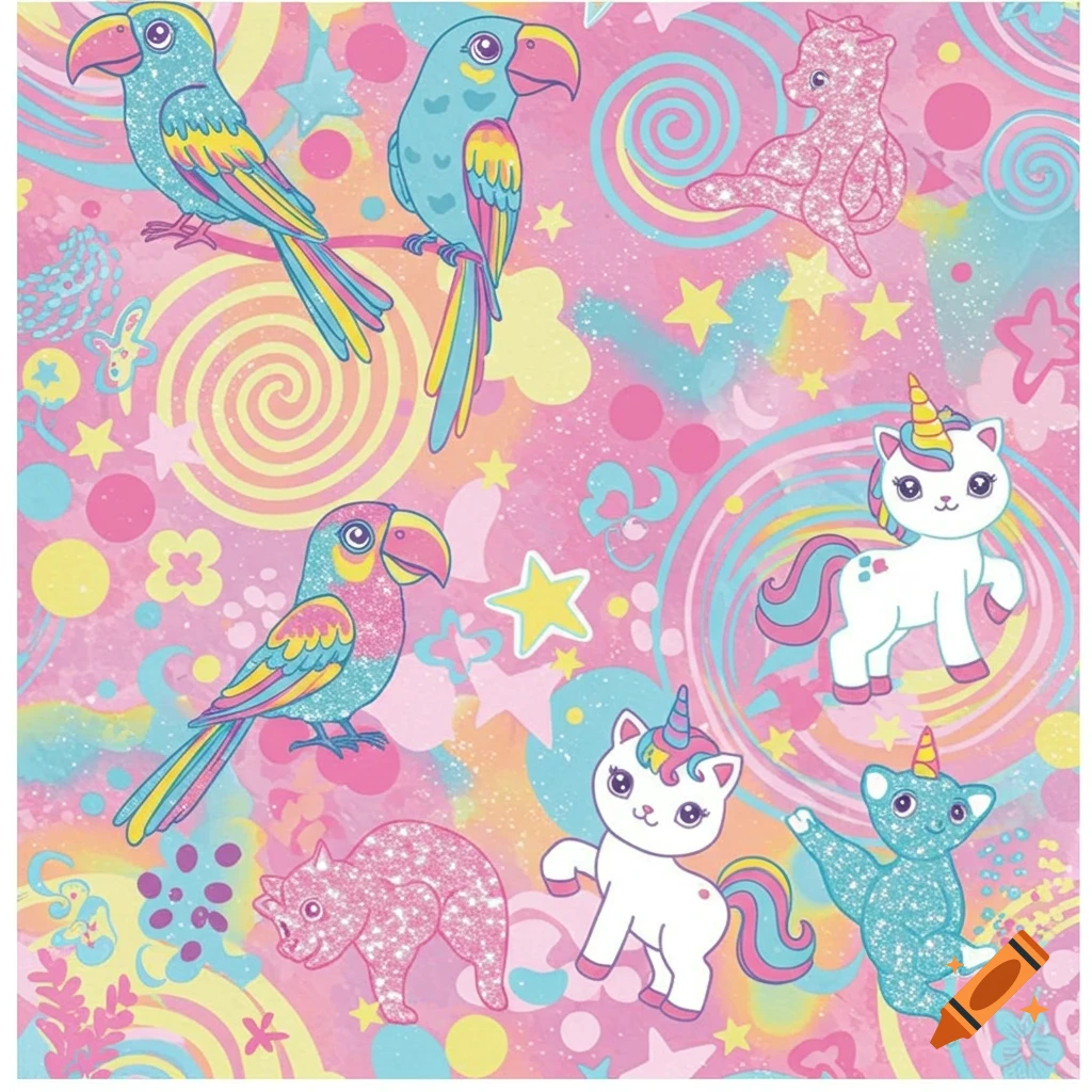 Vibrant, colorful pattern featuring cartoon parrots, glitter cats, and unicorn cats amidst stars and swirls.