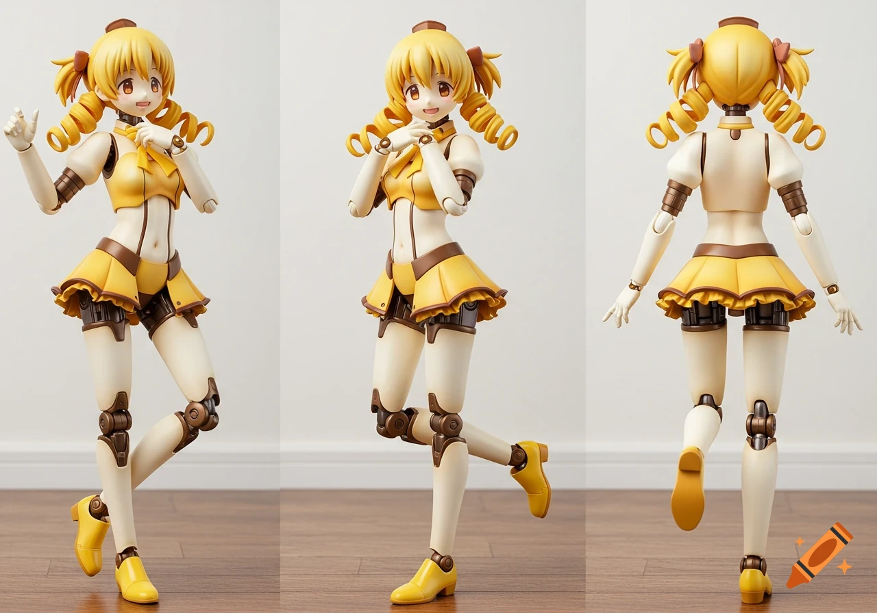 Detailed photo of Mami Tomoe humanoid robot in yellow and brown magical girl outfit, featuring mechanical joints, on a hardwood floor.