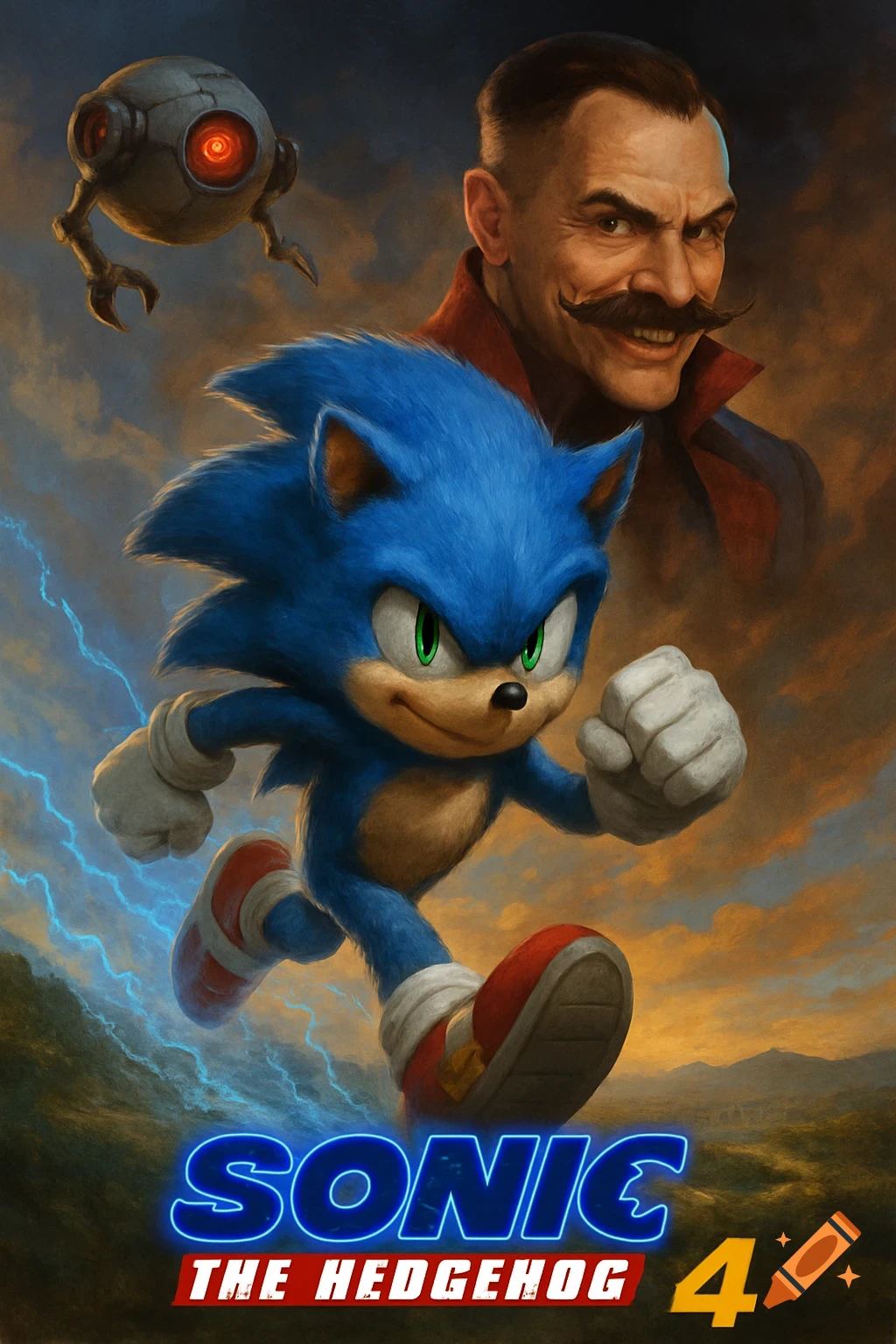 Movie poster of Sonic the Hedgehog running, with Dr. Eggman and a robot in the background, against a stormy sky. Text reads 'SONIC THE HEDGEHOG 4'.