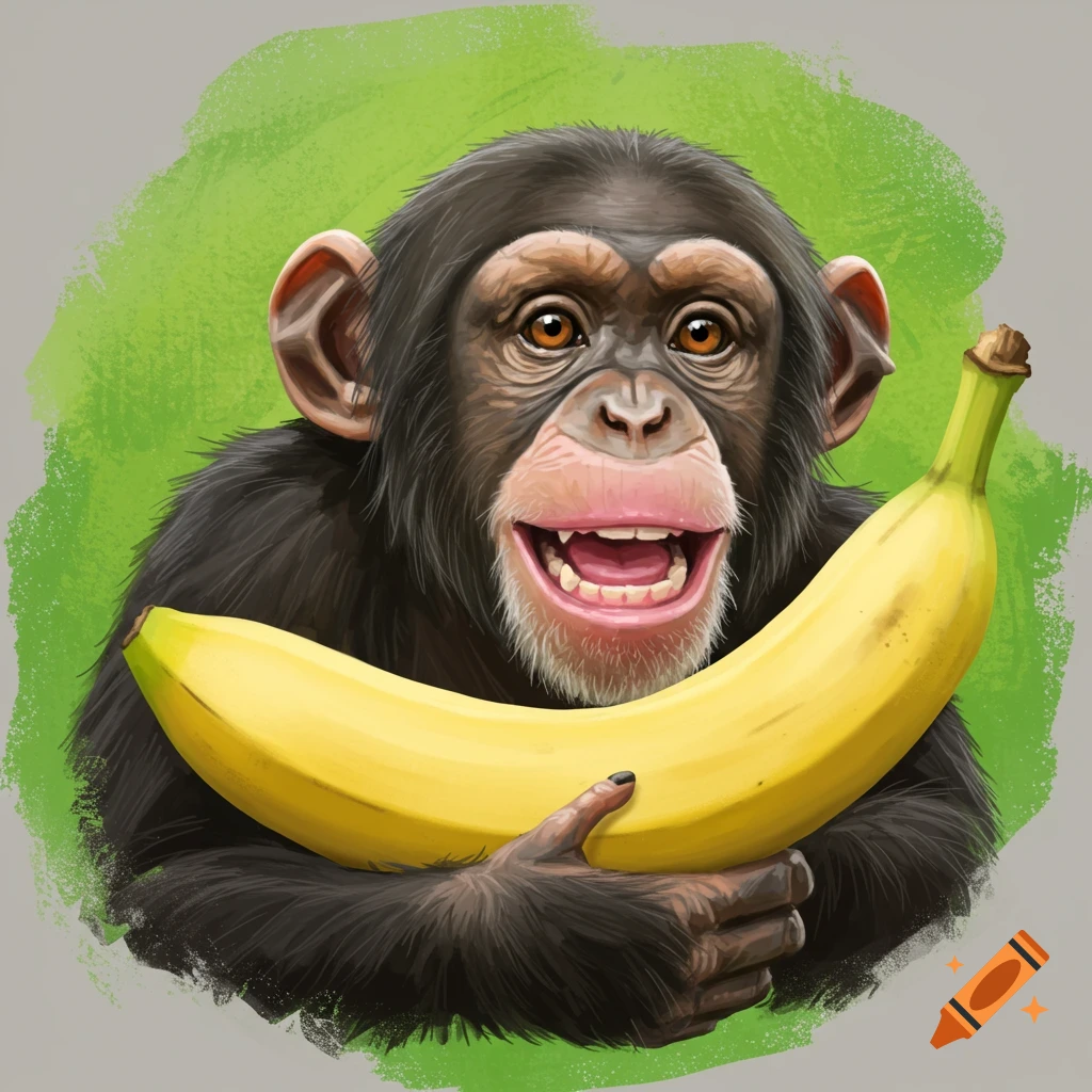An illustration of a happy chimpanzee holding a large yellow banana against a green and gray background.