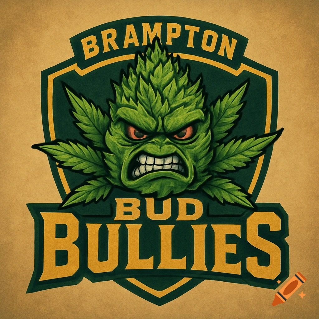 Brampton Bud Bullies sports logo featuring an angry green cannabis bud character with red eyes on a shield.