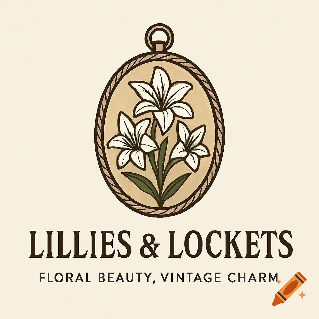 A vintage-style logo featuring three white lilies inside an oval locket, with the text 'LILLIES & LOCKETS' and 'FLORAL BEAUTY, VINTAGE CHARM' below.