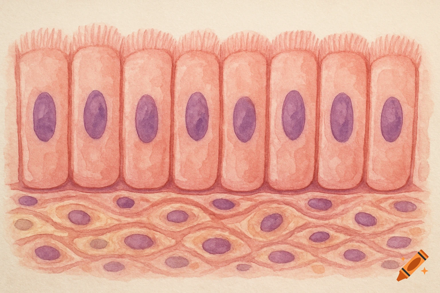 A watercolor illustration depicting a cross-section of simple columnar epithelial cells with nuclei, above a layer of connective tissue.