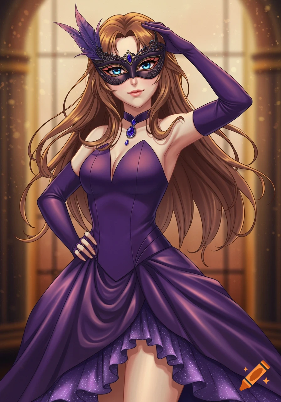 Anime woman with long brown hair and blue eyes wearing a purple ball gown and a black masquerade mask.