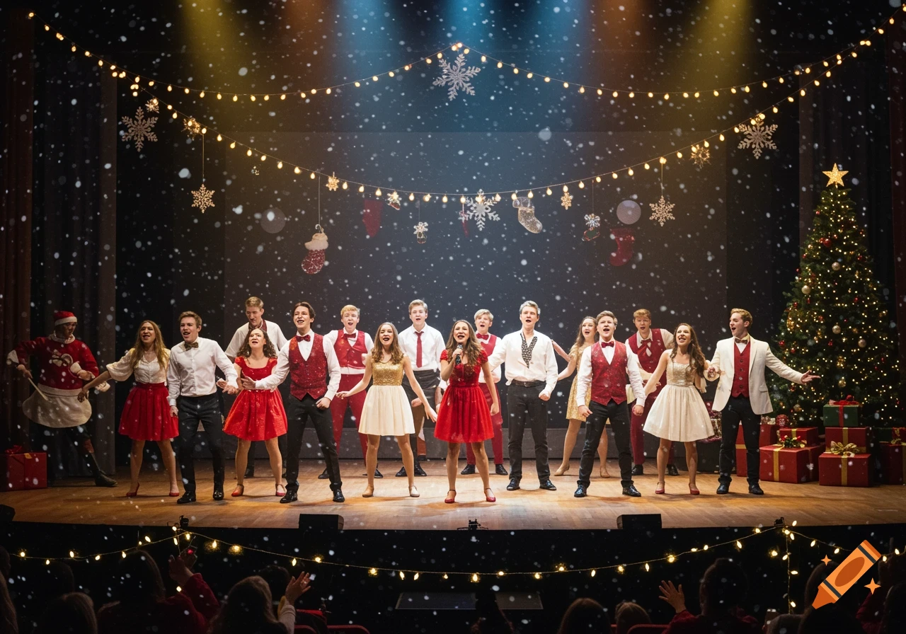 A group of young people dressed in red, gold, and white festive outfits sing and dance on a Christmas stage under falling snow.