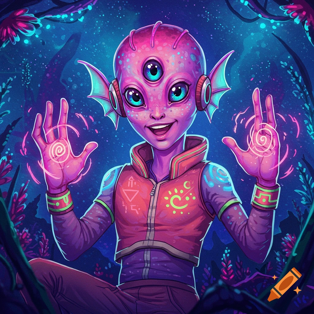 A friendly, pink, three-eyed alien with large ears and a wide smile, wearing a red vest, holds out glowing, swirling energy in its hands amidst a vibrant, bioluminescent alien forest.