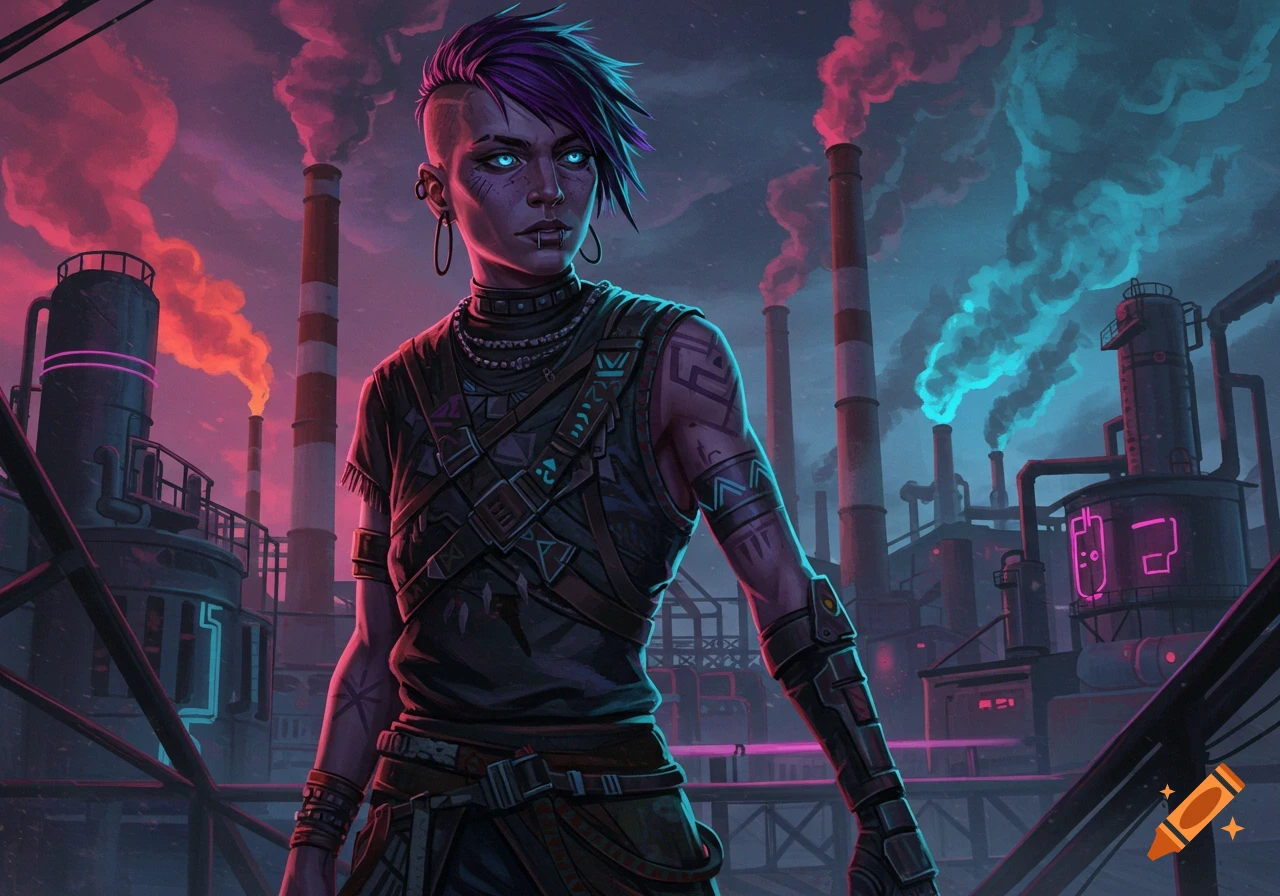 A woman with purple hair and glowing blue eyes stands in a neon-lit industrial landscape.