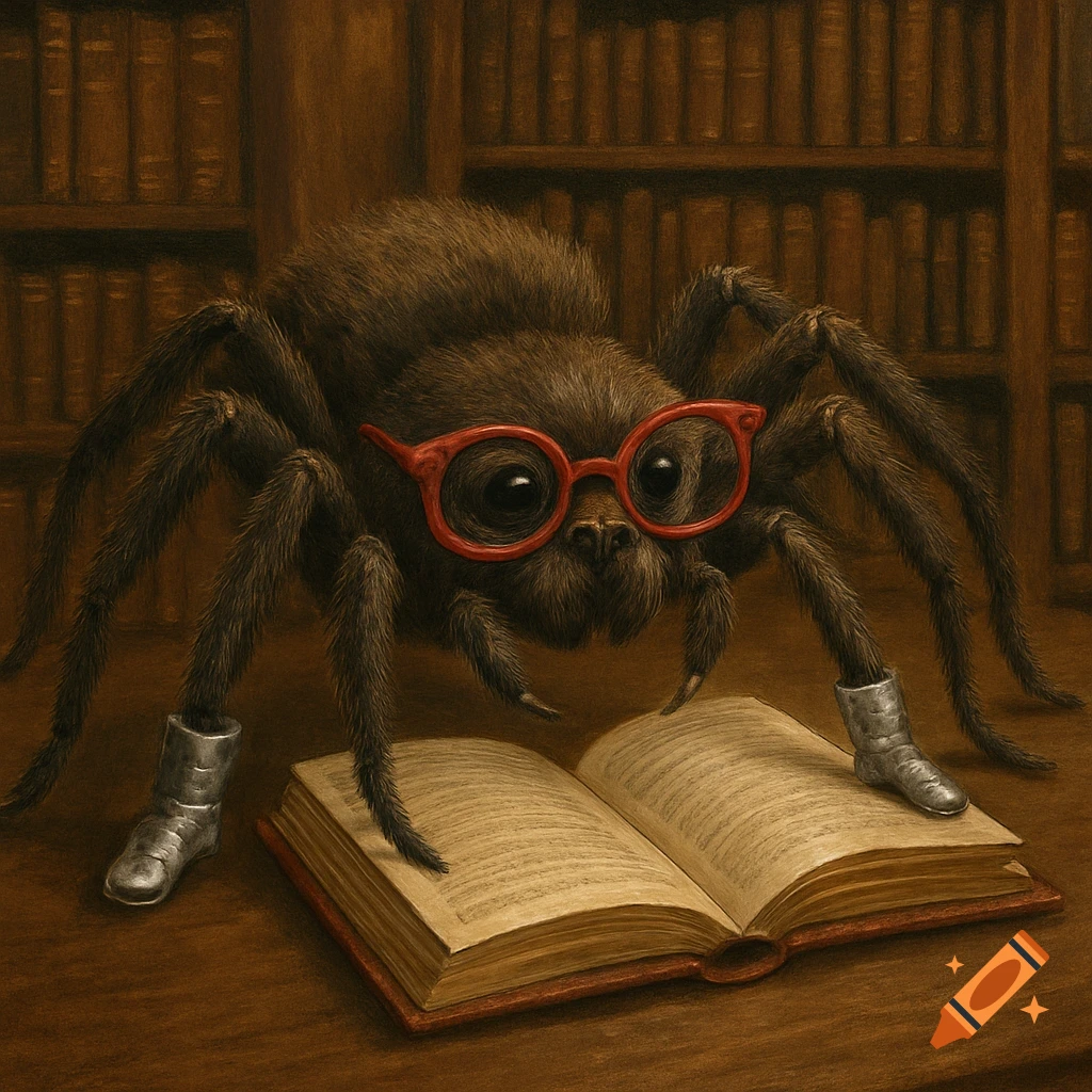 A brown furry spider wearing red glasses and silver boots reads an open book in a library.