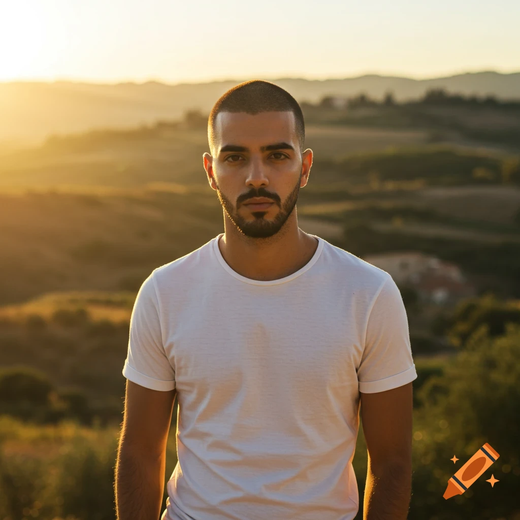 A man with a shaved head and short beard in a white t-shirt stands outdoors during sunset.
