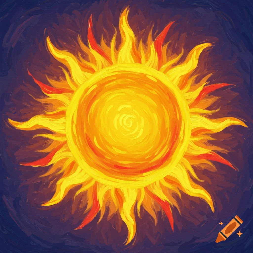 A vibrant painting of a stylized yellow and orange sun with radiating rays against a dark blue background.