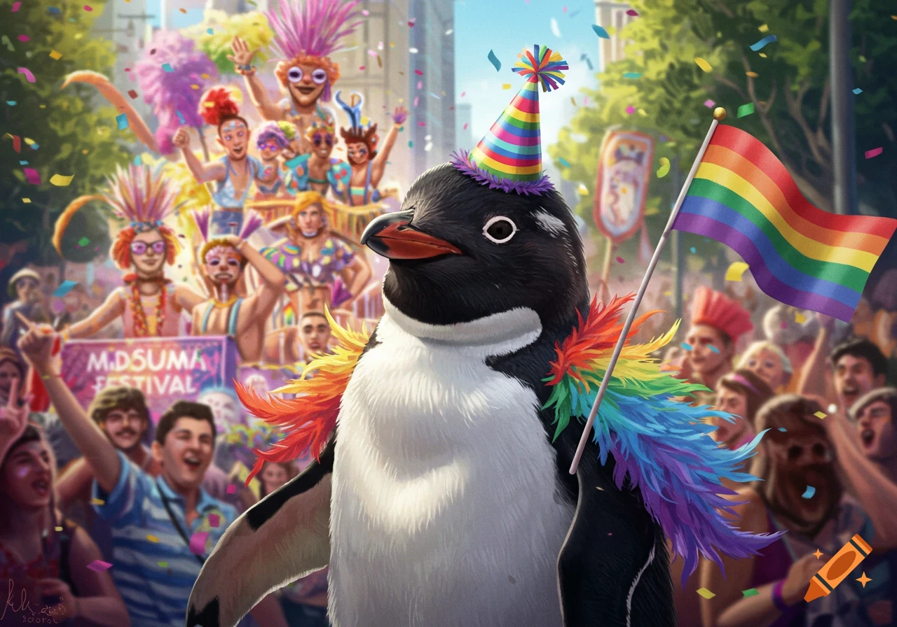 A black and white penguin wearing a rainbow party hat and a rainbow feather boa holds a rainbow flag during a lively pride festival with a cheering crowd and confetti.