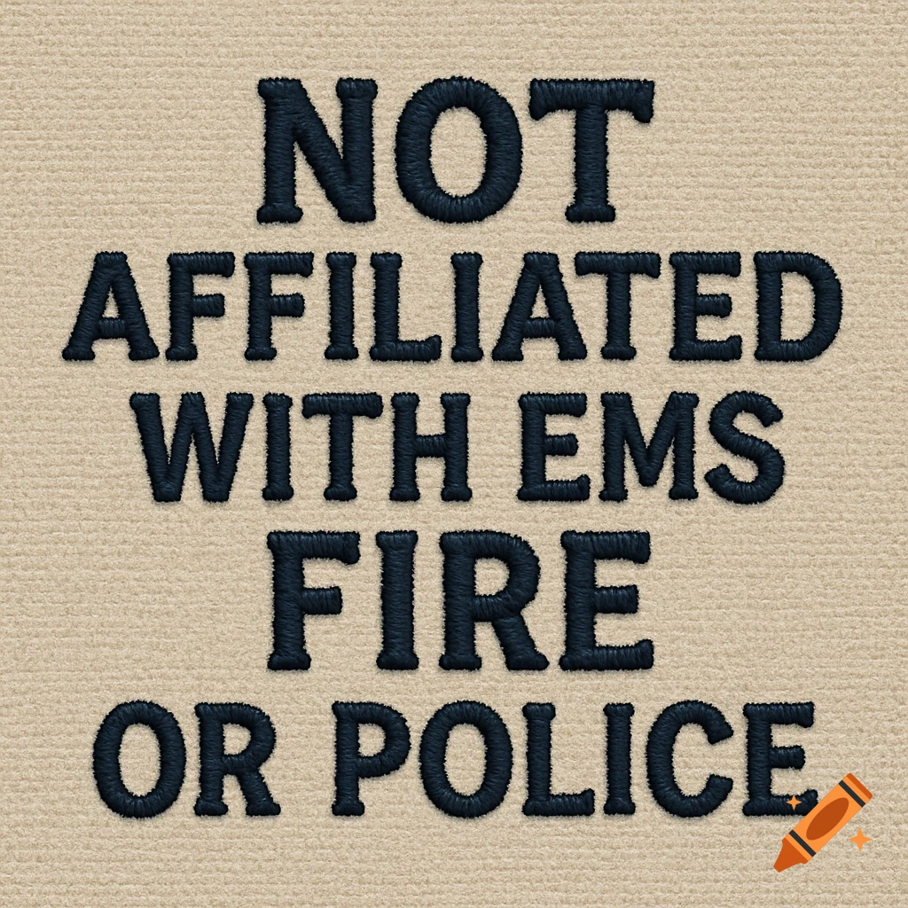 Embroidered text on tan fabric reads 'NOT AFFILIATED WITH EMS FIRE OR POLICE'.
