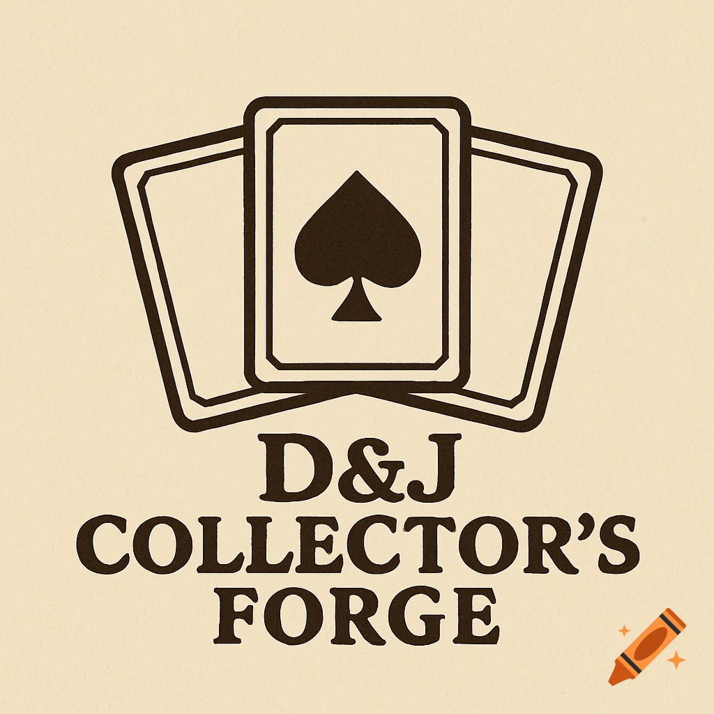 A logo featuring three playing cards with a spade symbol, and the text 'D&J Collector's Forge' below, on a cream background.