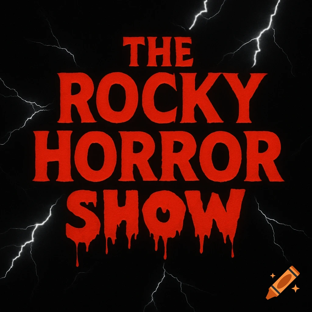 Red text spelling "THE ROCKY HORROR SHOW" with a dripping effect on "SHOW", against a black background with white lightning bolts.