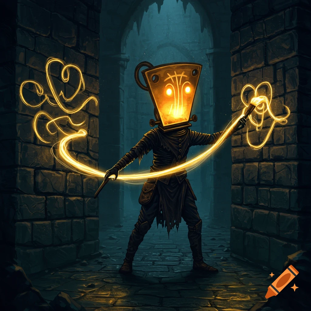 A shadowy figure with a glowing, lamp-like head stands in a dark dungeon, creating swirling patterns of light.