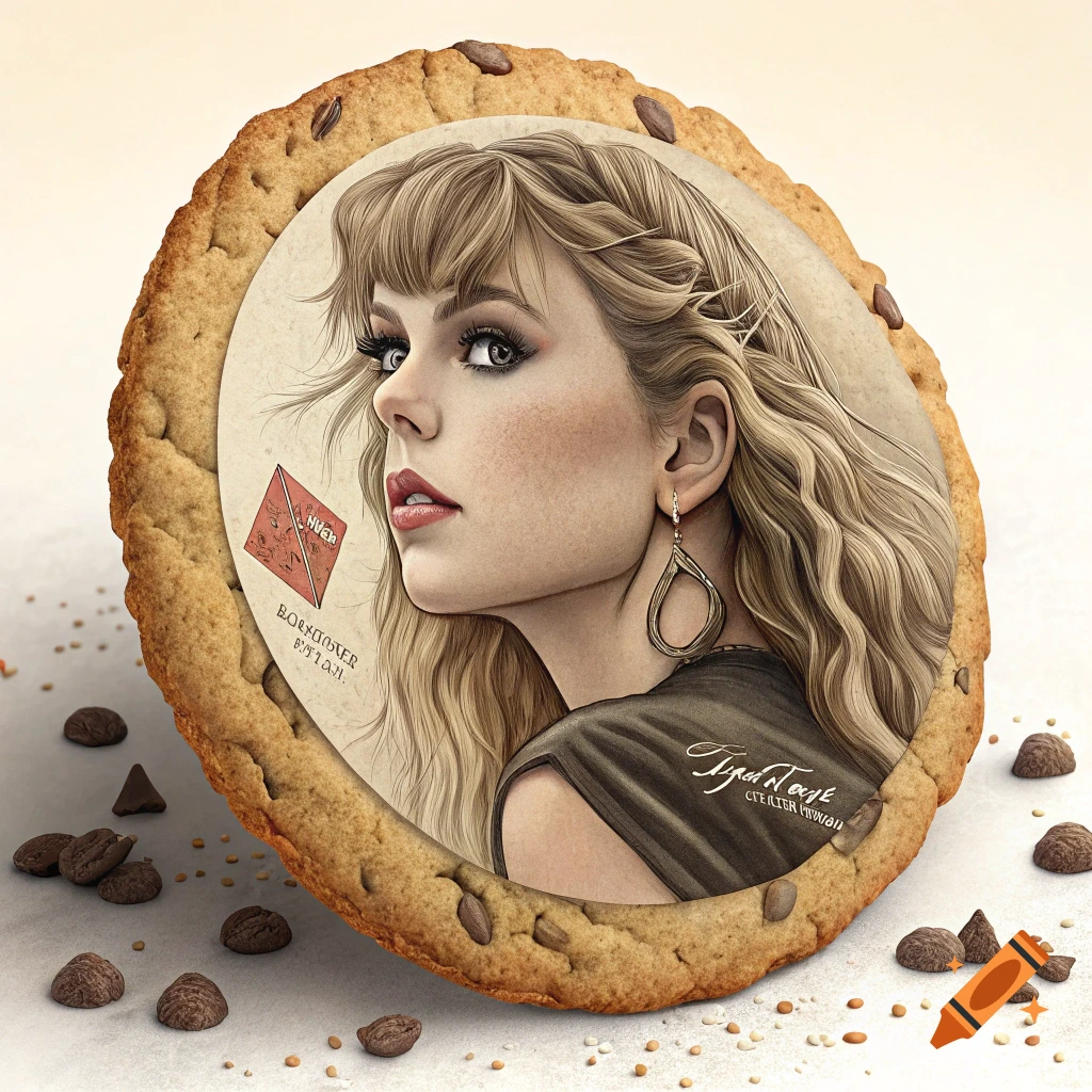 A detailed portrait of Taylor Swift on a chocolate chip cookie, surrounded by loose chocolate chips and sprinkles.