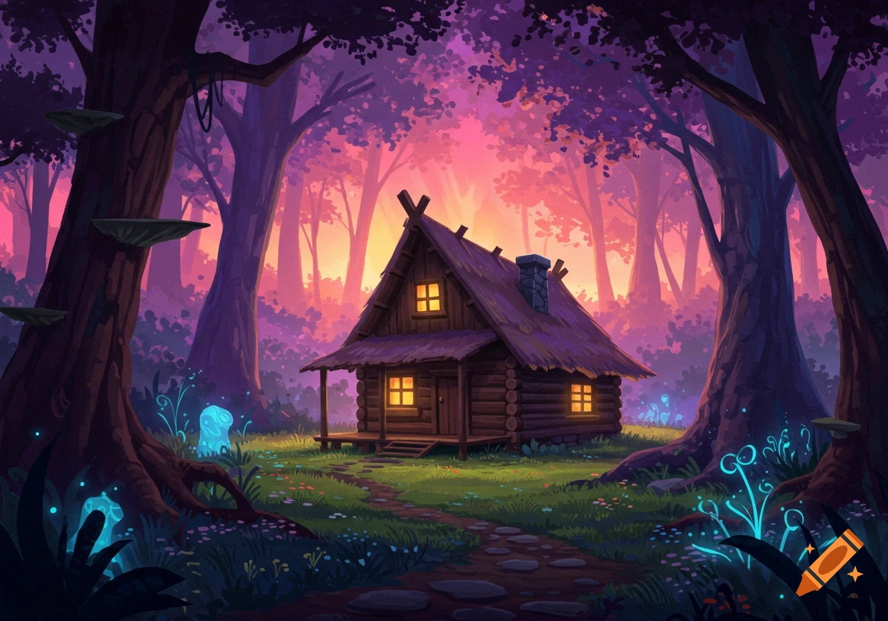 A whimsical, vibrant forest scene with a cozy log cabin, glowing plants, and a path, in a fantasy art style.
