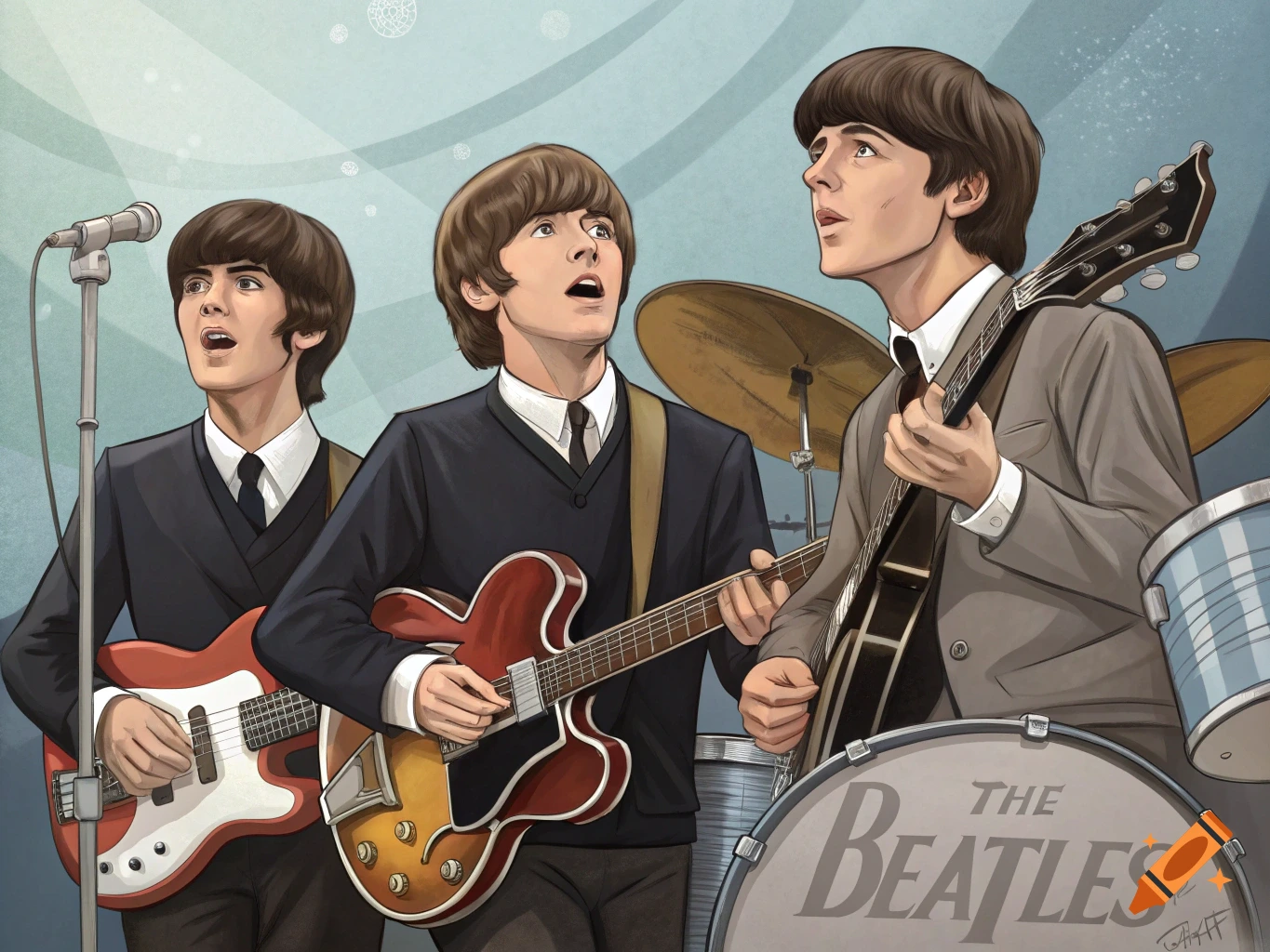 Cartoon illustration of the Beatles band members performing on stage, with 'The Beatles' logo on a drum.