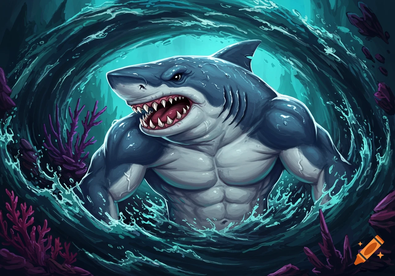 A muscular, anthropomorphic great white shark bursts out of swirling blue-green water, its mouth open in a roar, surrounded by purple coral.