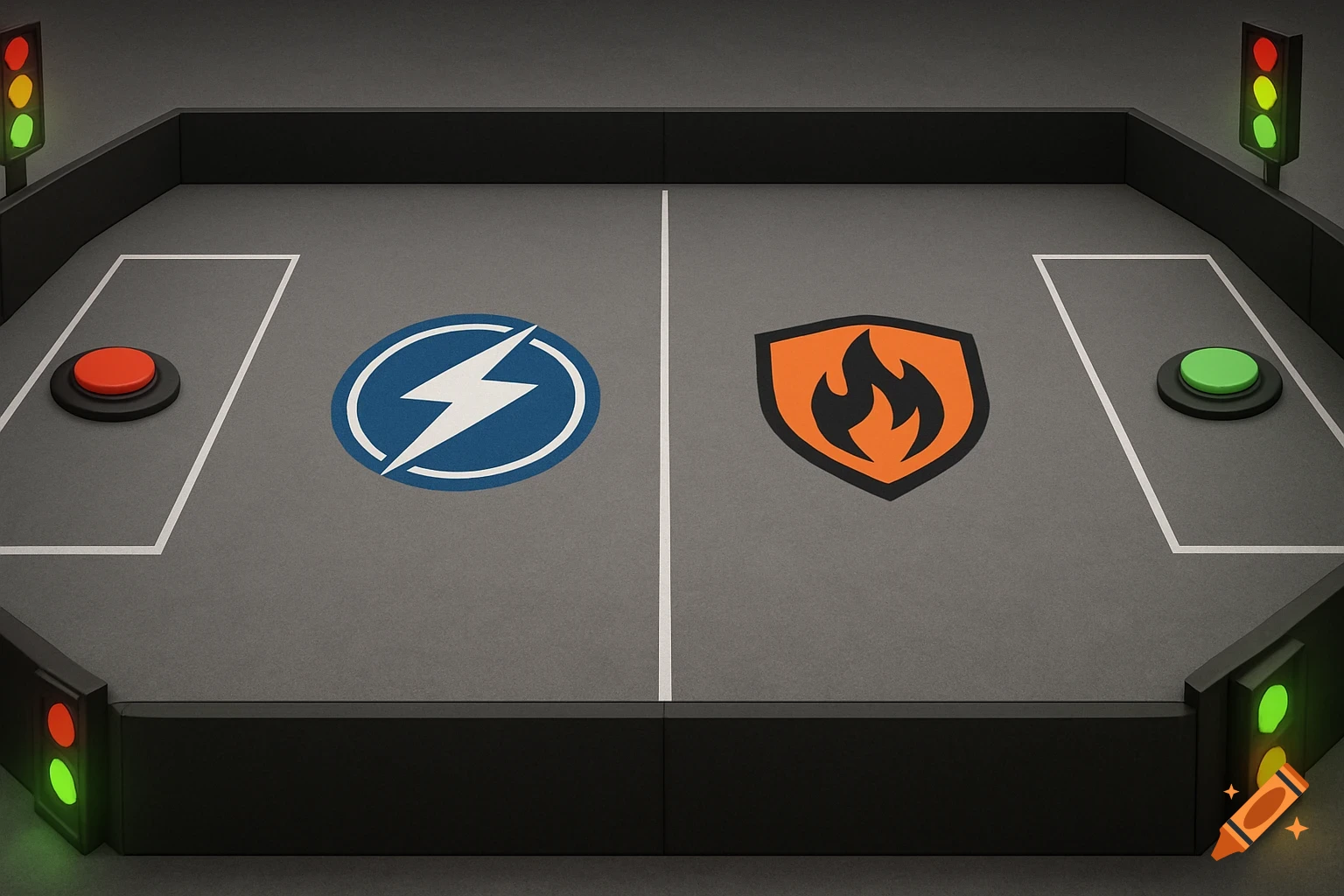 Stylized gray game field with black walls, a red button, a green button, a lightning bolt logo, a flame shield logo, and corner traffic lights.