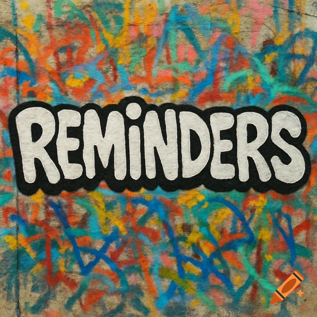 White bubble letters spelling 'REMINDERS' outlined in black on a colorful graffiti-covered wall.