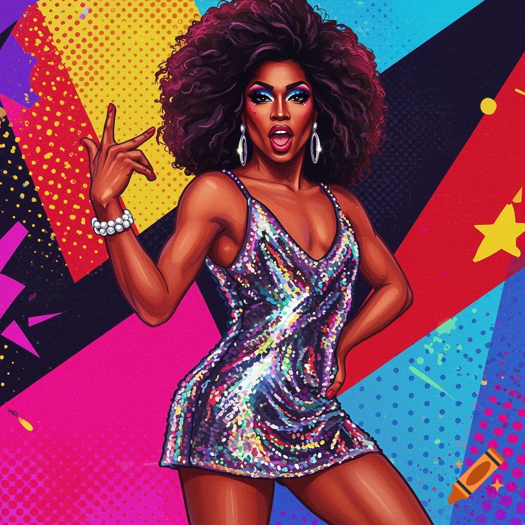 Illustration of a drag queen in a sequined dress making a peace sign against a vibrant, pop art background.