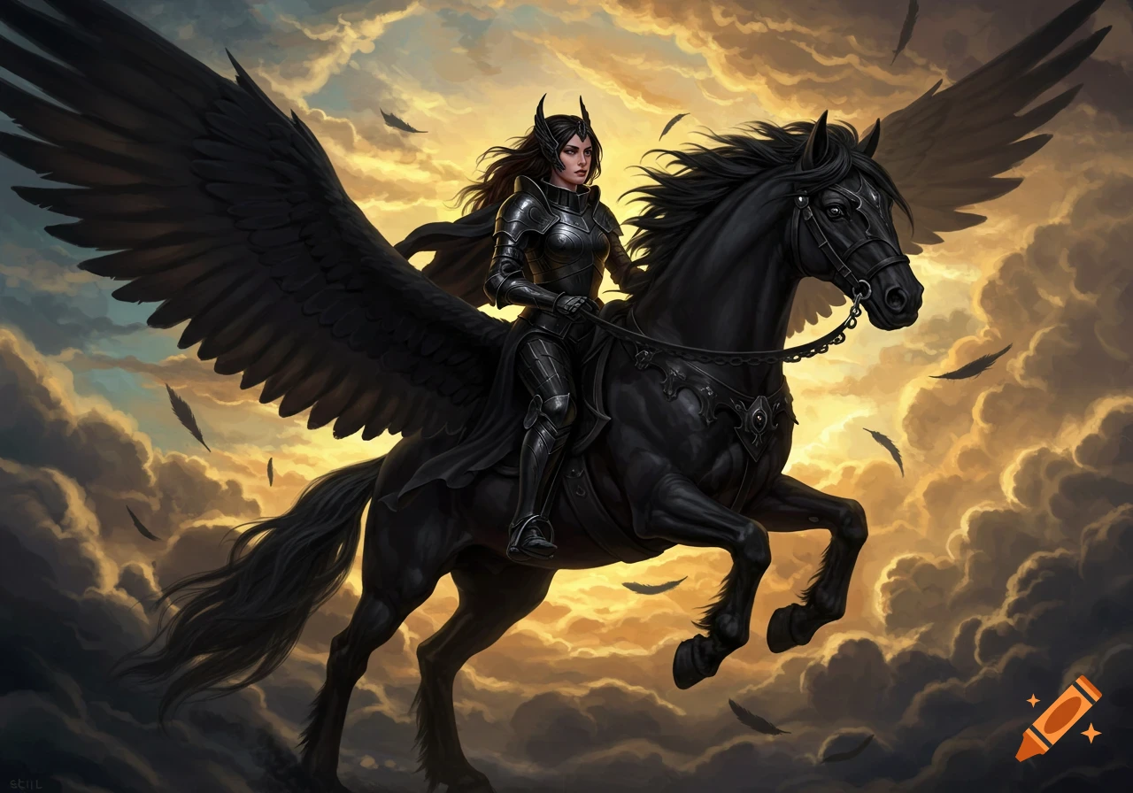 A female knight in black armor rides a black winged Pegasus through a vibrant orange and purple sky with falling feathers, in a fantasy art style.