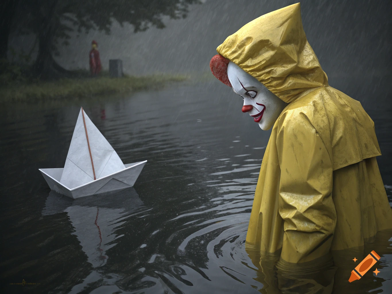Pennywise in a yellow raincoat stands in dark water, looking at a paper boat in the rain.