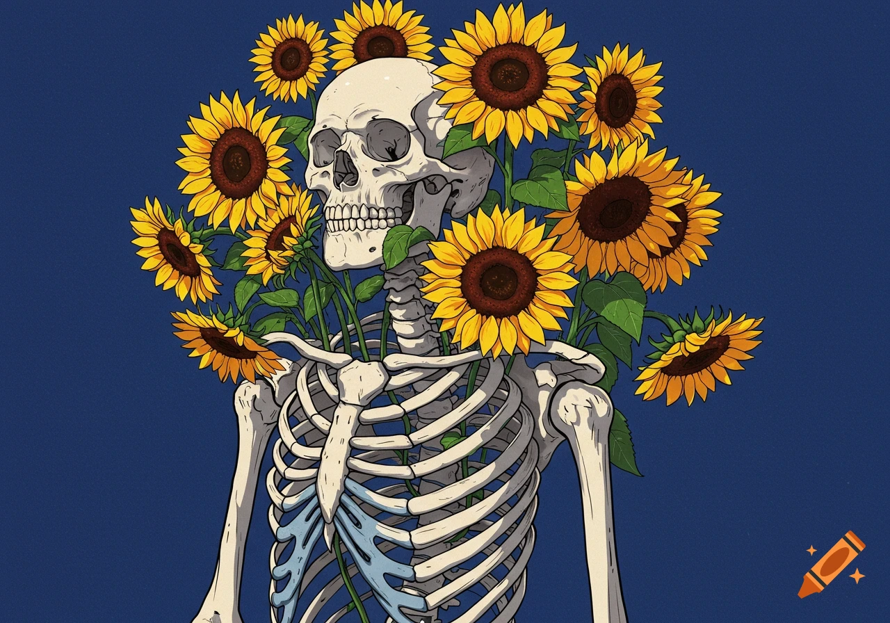 An illustrated skeleton with sunflowers growing out of its ribcage and around its head against a blue background.