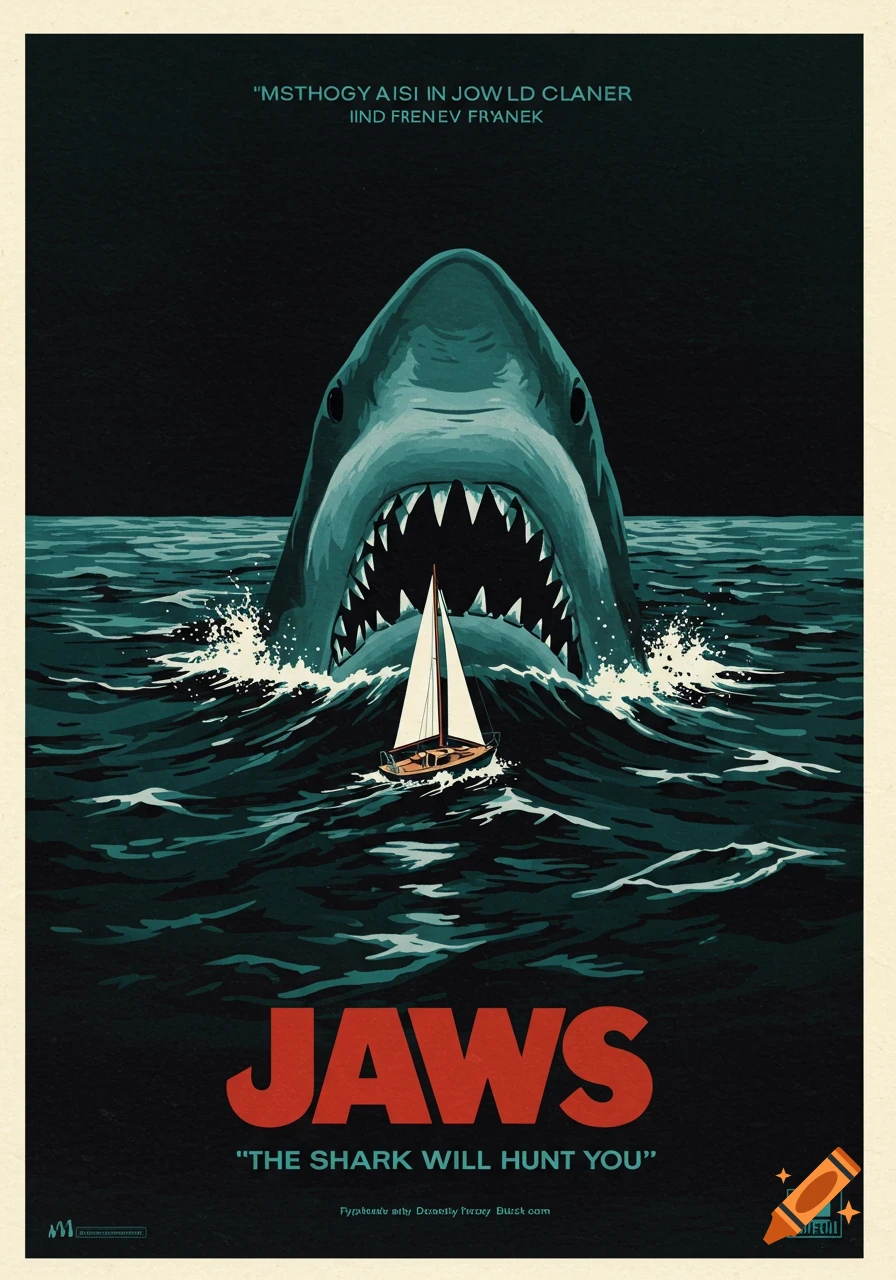A retro-style Jaws movie poster showing a large shark with an open mouth emerging from dark water behind a small sailboat. The title "JAWS" is prominent at the bottom.